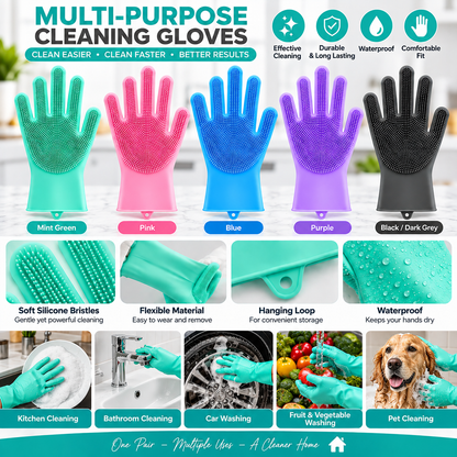 Silicone Dishwashing Gloves Scrubber Reusable Cleaning Gloves Kitchen Bathroom