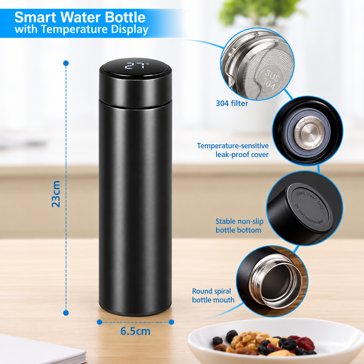 500ml Insulated Water Bottle LED Temperature Display Stainless Steel Flask