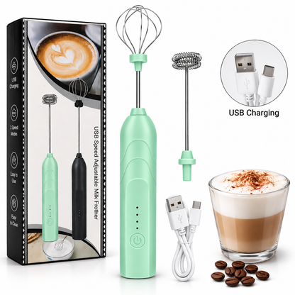 USB Rechargeable Milk Frother 3 Speed Electric Hand Whisk Coffee Mixer 2 Heads