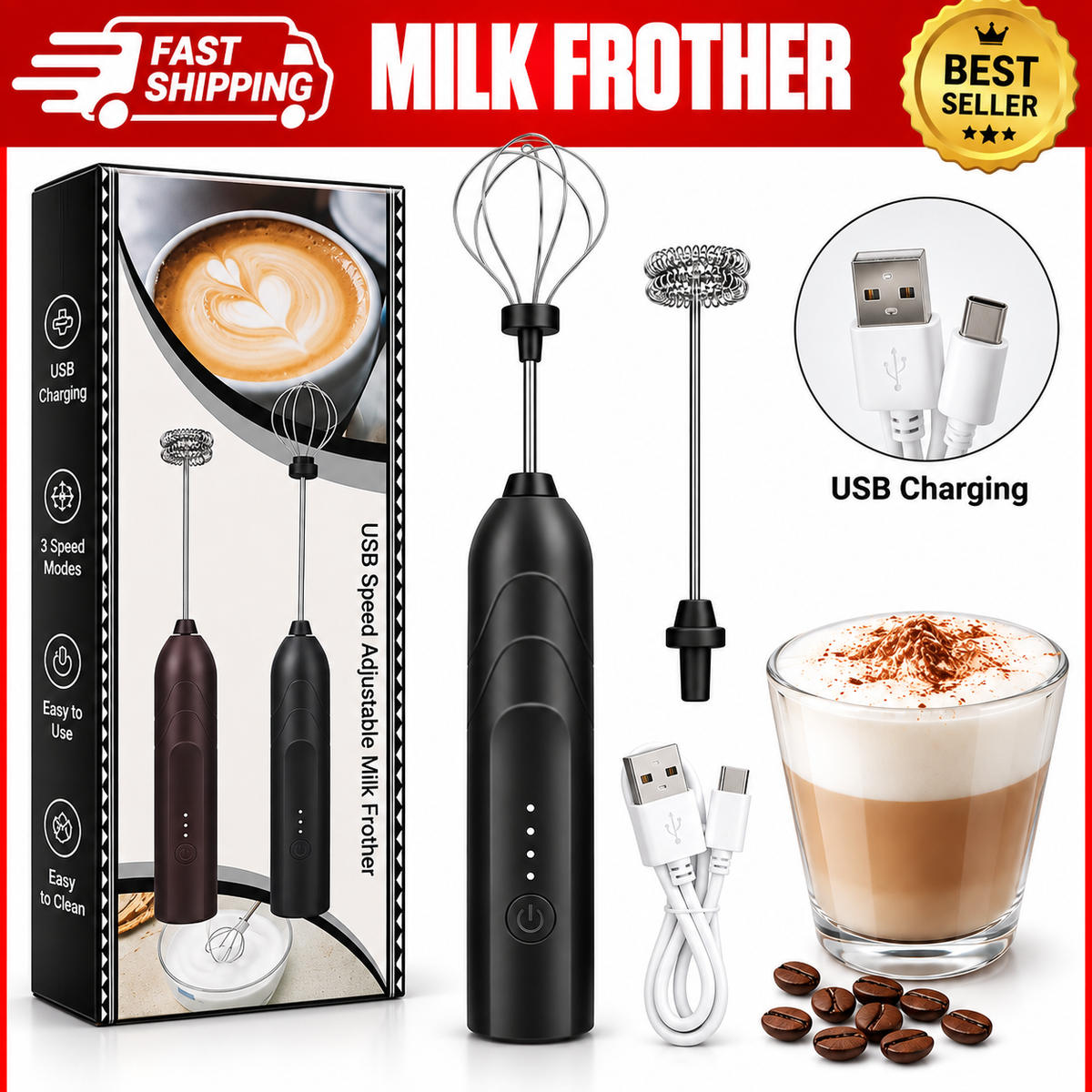 USB Rechargeable Milk Frother 3 Speed Electric Hand Whisk Coffee Mixer 2 Heads