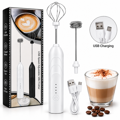 USB Rechargeable Milk Frother 3 Speed Electric Hand Whisk Coffee Mixer 2 Heads